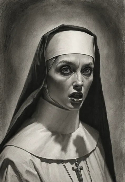 a nun with huge penis, penis in priest's mouth, graphite style on old paper, deep shadows, professional illustration, creepy, si...