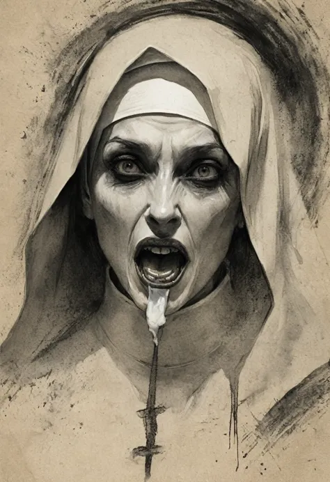 a nun demonic figure with penis in mouth, graphite technique on old paper style, deep brush shadows, professional illustration, ...