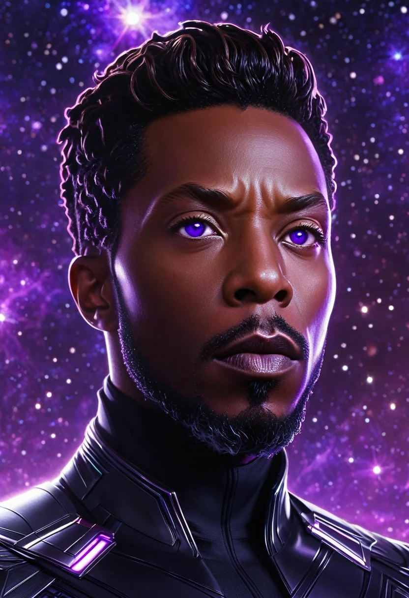 Hyper-realistic Marvel What If? comic panel: T'Challa as Star-Lord, resplendent in a sleek, form-fitting black suit with glowing purple accents. Cosmic backdrop, stars shimmering. Intense close-up, eyes determined. Vibranium tech seamlessly integrated. Afrofuturistic aesthetic meets space opera grandeur.