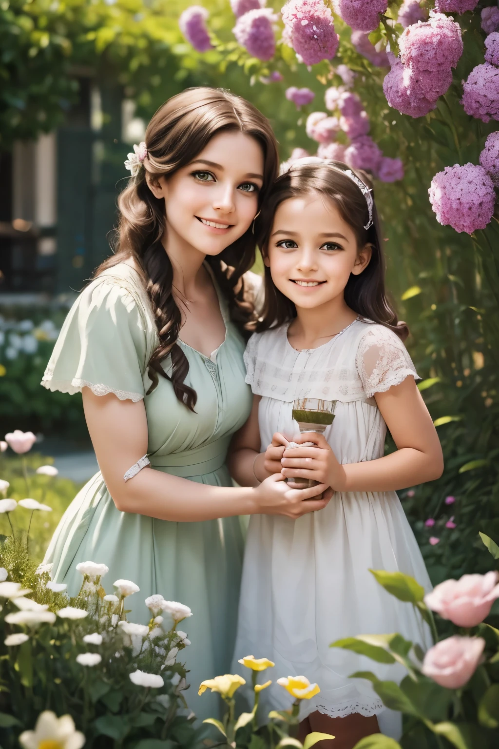  littlegirl exploring a beautiful garden with her smiling mother, detailed eyes and face, long eyelashes, happy and curious expression, detailed garden scenery, flowers, trees, sunlight, photorealistic, cinematic lighting, vibrant colors, highly detailed, masterpiece, 8k, award winning, a followed by her mother explores the garden of the house, happy and curious expression on the little girl's face, smile on the mother's fac