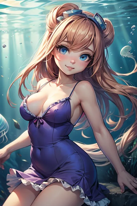 beautiful girl yes,flat breast,kawaii,(jellyfish girl:1.2), arms behind the back,underwater,dress with ruffles,