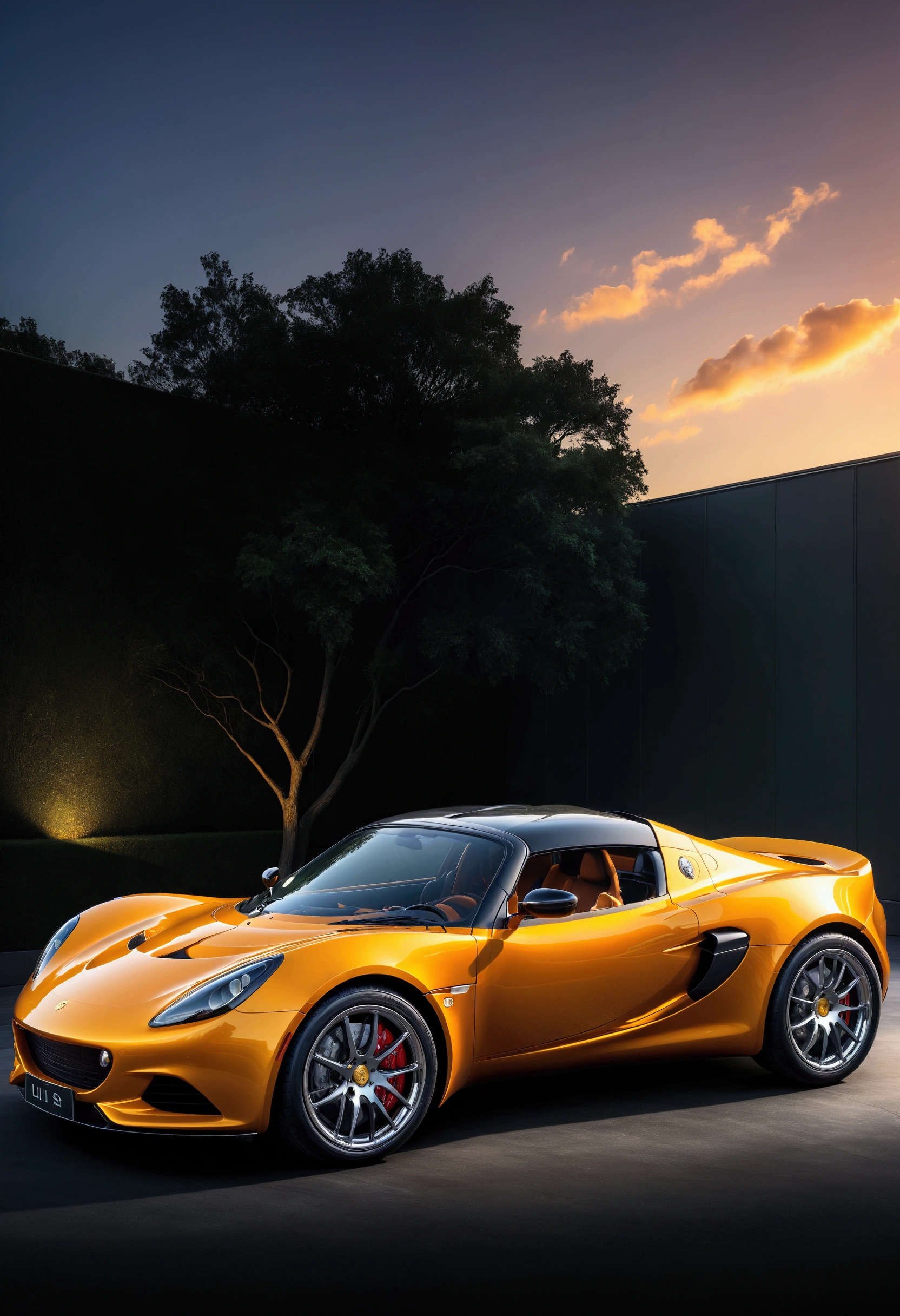 Create a high-fidelity digital wallpaper that elevates the Lotus Elise to its absolute pinnacle of beauty and majesty. The car stands as the undeniable centerpiece, its sleek, aerodynamic lines flowing with effortless grace and precision. The curved body of the Elise gleams under a soft, golden light, with every contour and surface perfectly accentuating its sculpted, low-slung form. The polished metallic paint reflects its surroundings with stunning clarity, while the sharp, angular headlights cut through the scene like eyes full of purpose and power.

The Lotus Elise’s silhouette exudes pure elegance and speed, with its wide stance and perfectly balanced proportions radiating both performance and sophistication. The deep, aggressive front grille commands attention, while the sharp side vents and flared wheel arches add a sense of dynamic tension, as if the car is poised to burst into action at any moment. Every angle of the Elise highlights its masterful design, from the graceful curve of the roofline to the finely detailed rear diffuser, evoking a sense of movement even while standing still.

The reflective surface of the wheels, paired with the gleaming chrome accents, further enhances the car’s commanding presence. Subtle specular highlights dance across its sleek body, capturing the essence of luxury and high performance in a single breathtaking image. This composition portrays the Lotus Elise as a work of art—an iconic fusion of engineering precision and aesthetic perfection, embodying the ultimate expression of beauty, power, and grace in automotive design