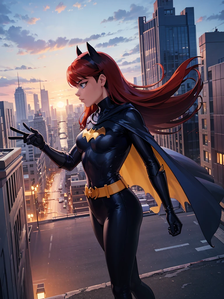 1girl, side view, Barbara, red hair, blue eyes, bodysuit, cape, gloves, belt, outside, rooftop, cityscape, evening, cloudy, extreme detail, hdr, beautiful quality