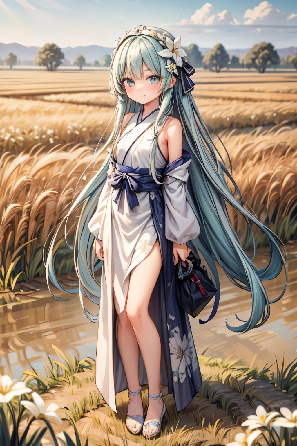 masterpiece, best quality, ultra highres, detailed illustration, portrait, detailed, 1girl standing in wheat field, solo, long hair, dress, flower, white hanfu, smile, full body, white flower, bare shoulders, very long hair, aqua hair, closed mouth, facing viewer, bangs,