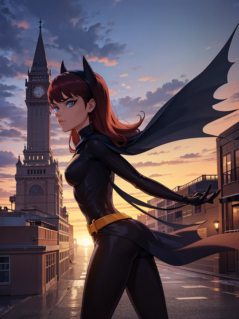 1girl, side view, Barbara, red hair, blue eyes, bodysuit, cape, yellow gloves, belt, outside, rooftop, looking at horizon, cityscape, nighttime, cloudy skies, extreme detail, hdr, beautiful quality