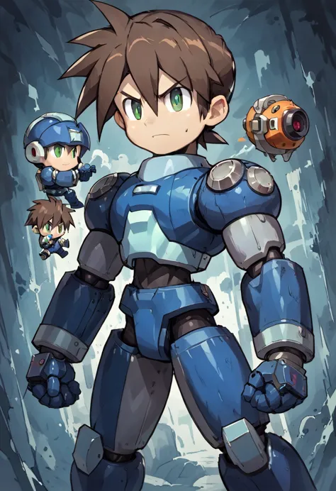 highest quality,raw photos,professional art works,guts pose,m3g4m4n,blue armor,muscular,brown hair, boy,chibi,male focus, brown ...