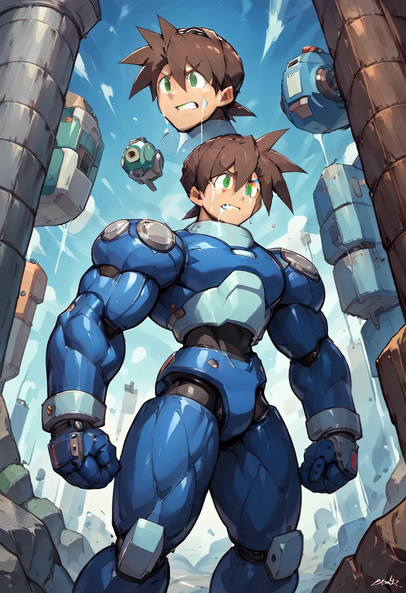 Highest quality,RAW Photos,Professional Art Works,m3g4m4n,Blue Armor,Brown Hair,The Boy of,male focus, brown hair, green eyes, 独奏, android, hair between eyes,((Huge muscles,Huge erect penis,)),Rock Buster on the right hand,Crying face,Excessive sweating and drooling,Being raped,