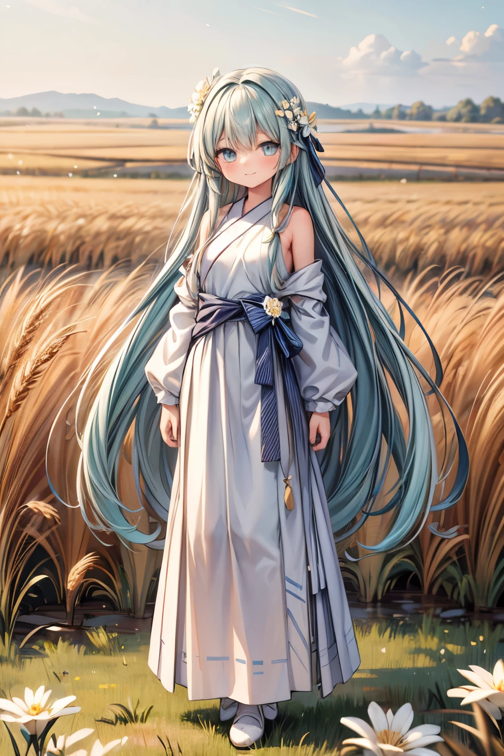 masterpiece, best quality, ultra highres, detailed illustration, portrait, detailed, 1girl standing in wheat field, solo, long hair, dress, flower, white hanfu, smile, full body, white flower, bare shoulders, very long hair, aqua hair, closed mouth, facing viewer, bangs,