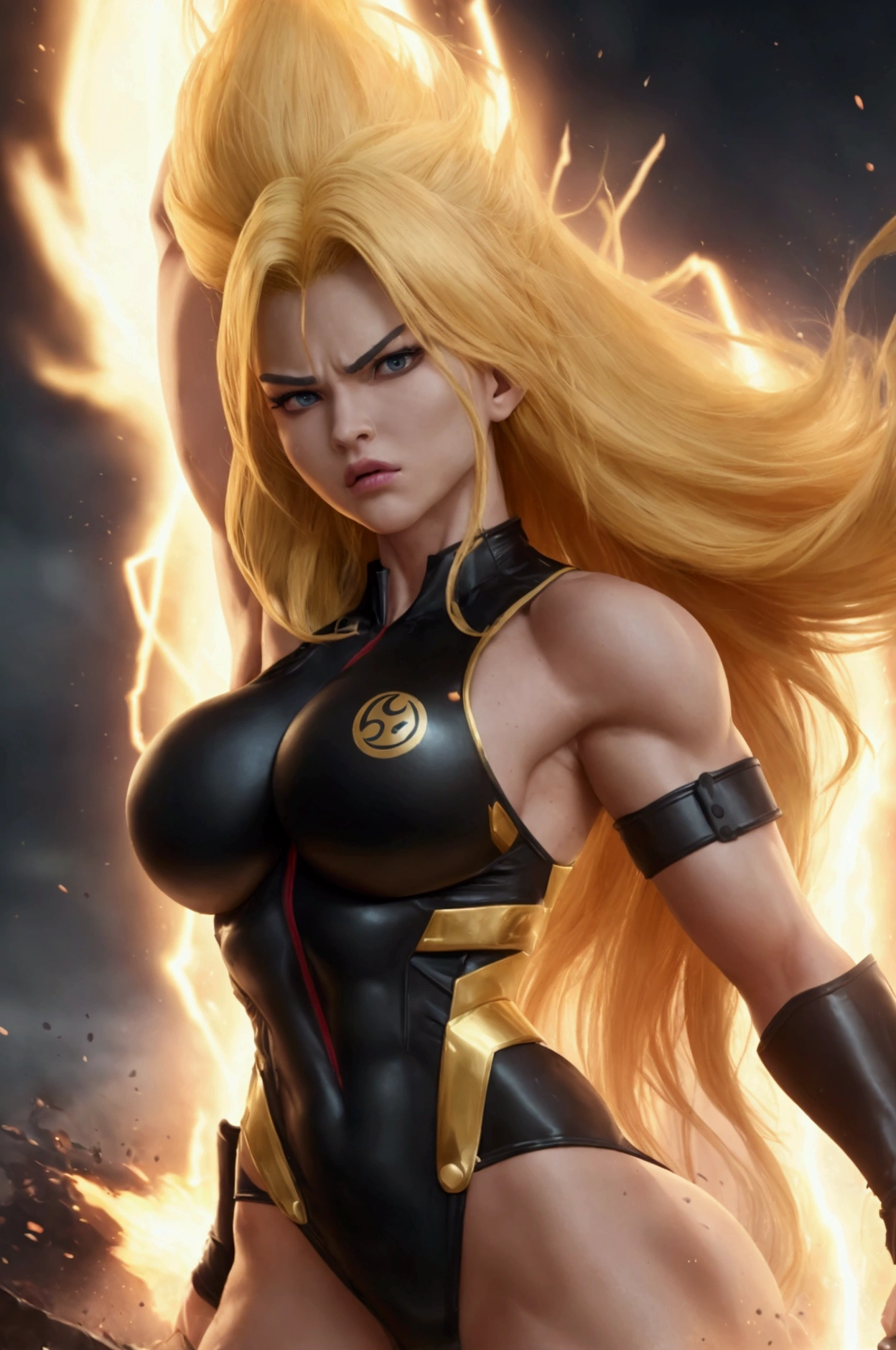 
Picture a fierce and powerful female Super Saiyan 3, her golden hair cascading down her back in long, flowing locks as she emanates an aura of raw energy and strength. With eyes blazing with determination and a fierce expression on her face, she stands ready to face any challenge that comes her way. Her muscles are taut and defined, a testament to the intense training and discipline that have brought her to this formidable form. As she prepares to unleash her full power, the ground trembles beneath her feet, and the air crackles with electricity. This Super Saiyan 3 warrior is a force to be reckoned with, a symbol of courage and resilience in the face of adversity. Are you ready to witness her epic battle and see her unleash the full extent of her Super Saiyan power?