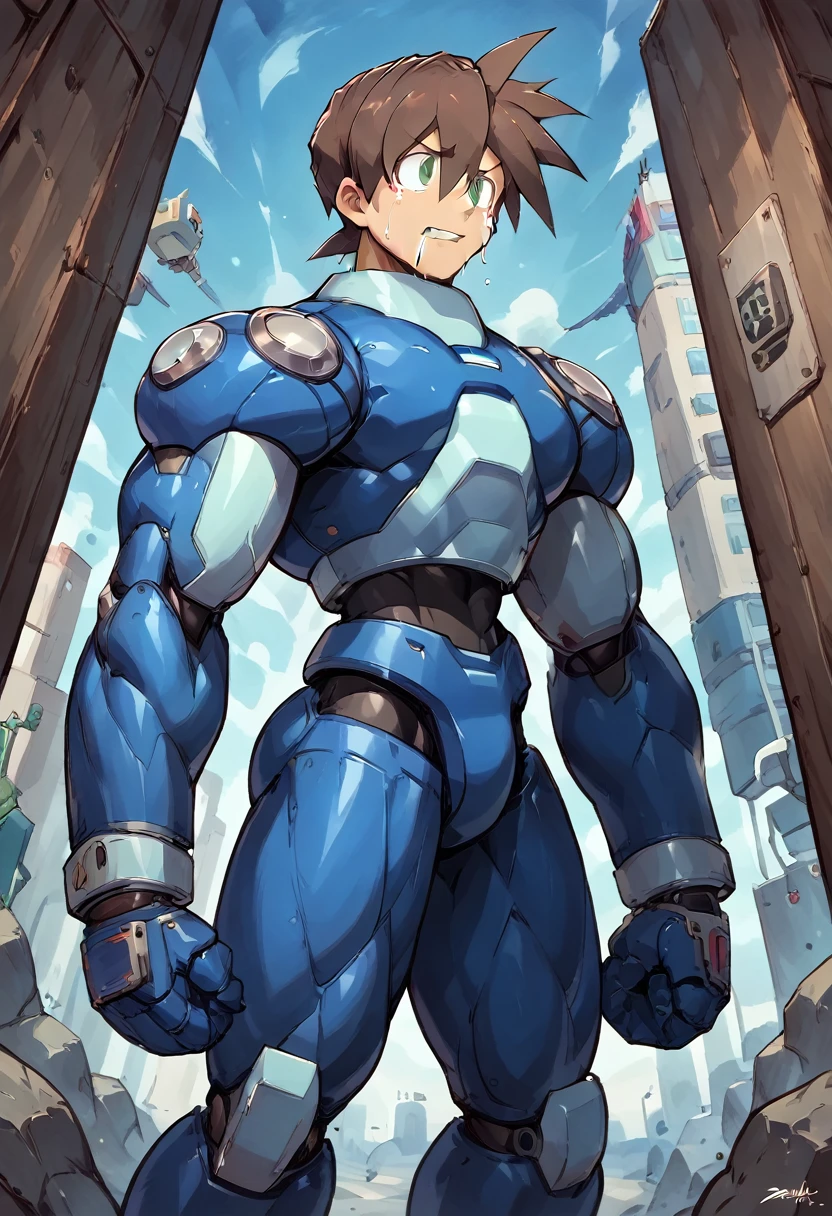 Highest quality,RAW Photos,Professional Art Works,m3g4m4n,Blue Armor,Brown Hair,The Boy of,male focus, brown hair, green eyes, 独奏, android, hair between eyes,((Huge muscles,Huge erect penis,)),Rock Buster on the right hand,Crying face,Excessive sweating and drooling,Being raped,Suburban city