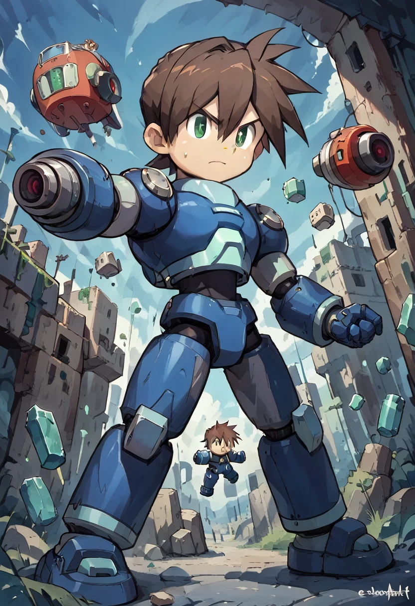 Highest quality,RAW Photos,Professional Art Works,Guts pose,m3g4m4n,Blue Armor,Muscular,Brown Hair, boy,Chibi,male focus, brown hair, green eyes, 独奏, android, hair between eyes,Glaring at the enemy,Shoots the Rock Buster on his right hand,Ancient ruins with floating red and green crystals,