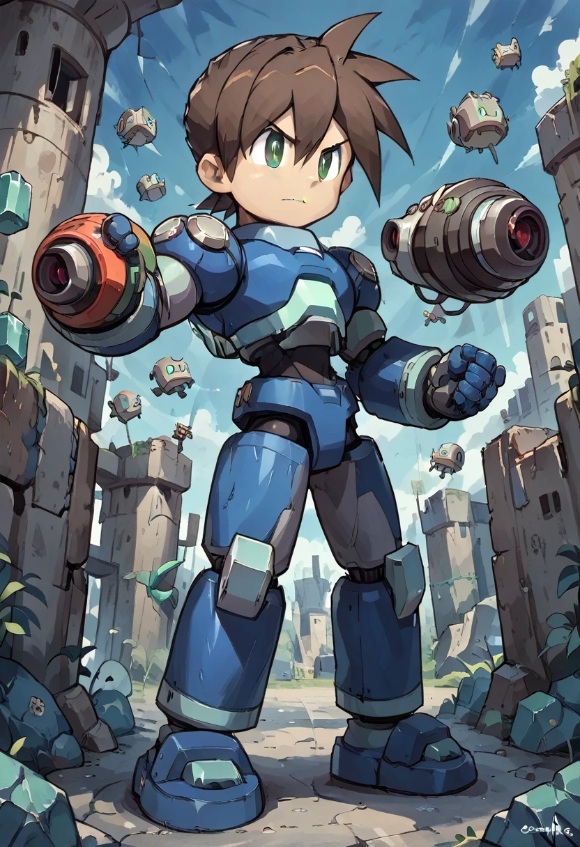 Highest quality,RAW Photos,Professional Art Works,Guts pose,m3g4m4n,Blue Armor,Muscular,Brown Hair, boy,Chibi,male focus, brown hair, green eyes, 独奏, android, hair between eyes,Glaring at the enemy,Shoots the Rock Buster on his right hand,Ancient ruins with floating red and green crystals,