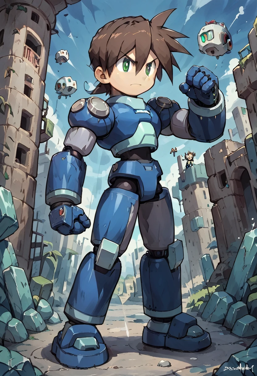 Highest quality,RAW Photos,Professional Art Works,Guts pose,m3g4m4n,Blue Armor,Muscular,Brown Hair, boy,Chibi,male focus, brown hair, green eyes, 独奏, android, hair between eyes,Glaring at the enemy,Shoots the Rock Buster on his right hand,Ancient ruins with floating red and green crystals,