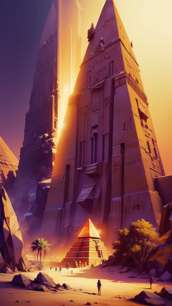 a massive ancient egyptian pyramid, futuristic sci-fi robots, UFOs hovering above, detailed architecture, dramatic lighting, vibrant colors, cinematic, highly detailed, 8k, photorealistic