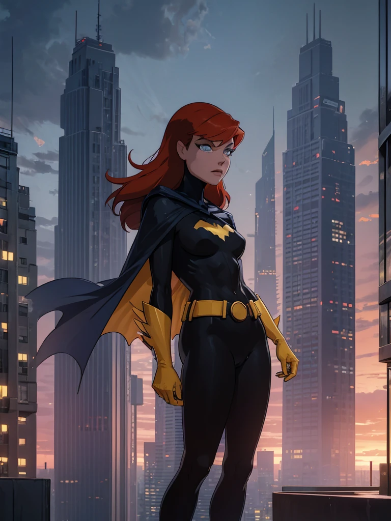 1girl, side view, Barbara, red hair, blue eyes, bodysuit, cape, yellow gloves, belt, outside, standing on a skyscraper rooftop, looking at horizon, large cityscape, nighttime, cloudy skies, extreme detail, hdr, beautiful quality