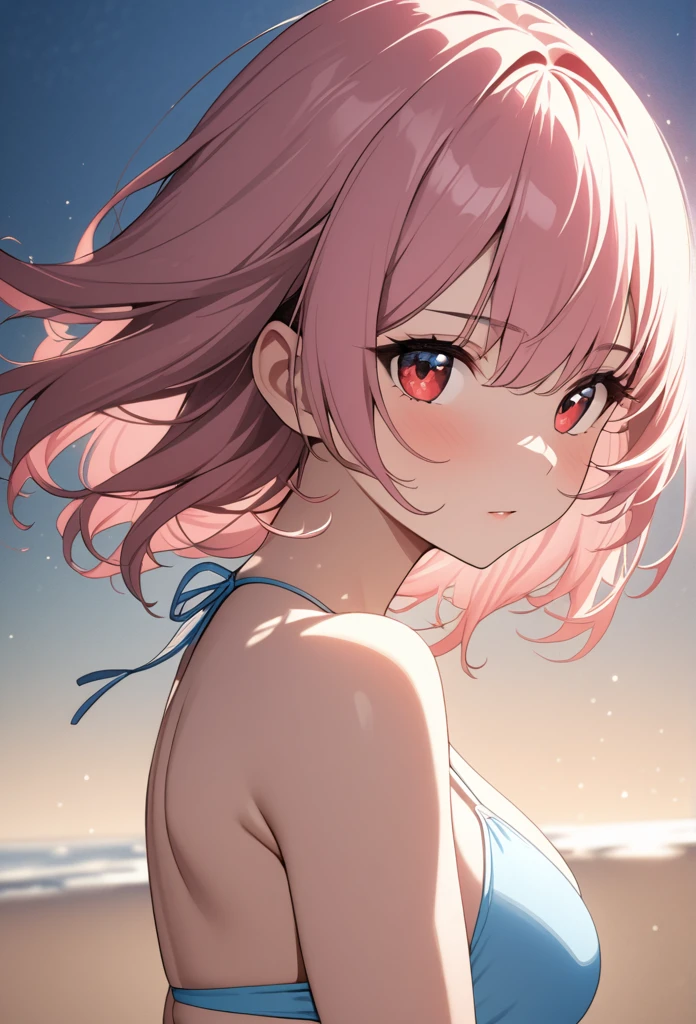 (masterpiece:1.2, Best Quality), (finely detailed beautiful eye: 1.2), (beautiful detailed face), High contrast, (Best Illumination, extremely delicate and beautiful), ((Cinematic Light)), Highest Quality, masterpiece, light particles, close up of honoka, (wearing a sky blue bikini), pink hair, medium hair, red eyes, large breasts,  on the beach, slate colors, light particles, highest quality, masterpiece