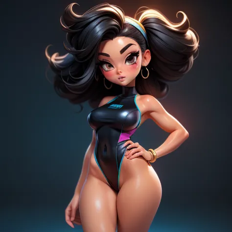 super deformed chibi bratz cartoon, sexy black woman huge  in a seethru blue one piece swimsuit leotard an black stockings and s...