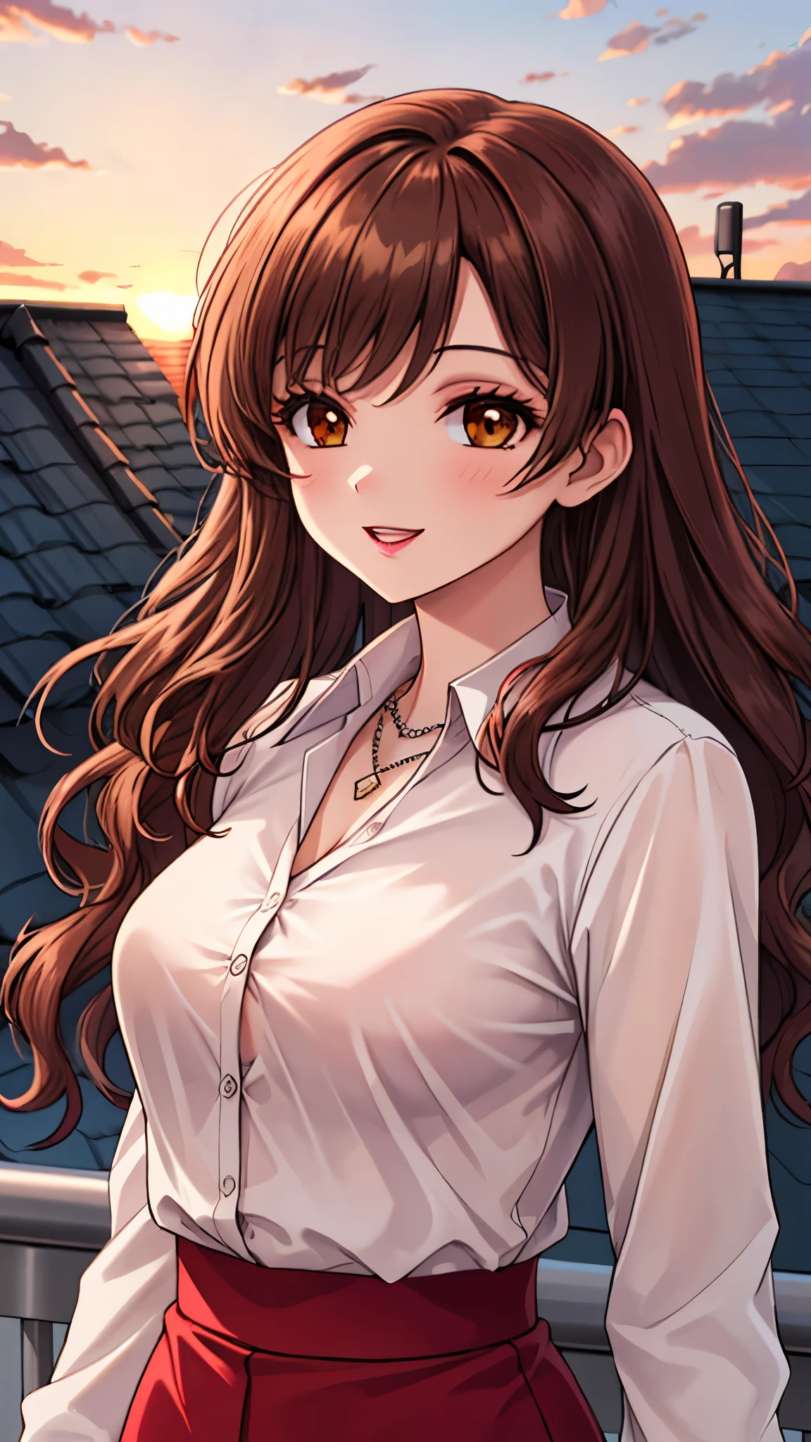 （（super high quality,））（（Ultra-high resolution,））（16K,）（super masterpiece,）（（Ultra HD ,））（Detailed shading,）Shooting from below,Upper body photo,One Woman,Wavy brown medium-long hair,Part your bangs on the side,Thick and glossy lips,A pink shirt with a tight collar and the third button undone,Red pencil skirt,necklace,happy,Sunset rooftop,