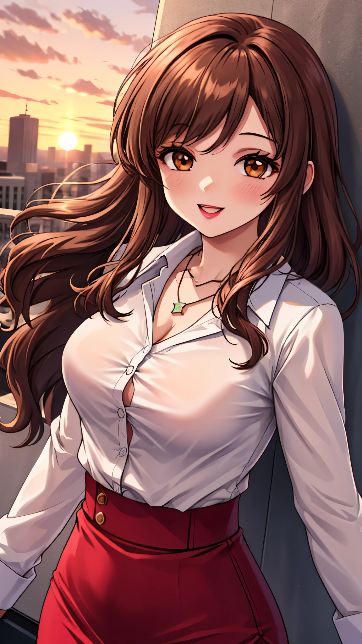 （（super high quality,））（（Ultra-high resolution,））（16K,）（super masterpiece,）（（Ultra HD ,））（Detailed shading,）Shooting from below,Upper body photo,One Woman,Wavy brown medium-long hair,Part your bangs on the side,Thick and glossy lips,A pink shirt with a tight collar and the third button undone,Red pencil skirt,necklace,happy,Sunset rooftop,