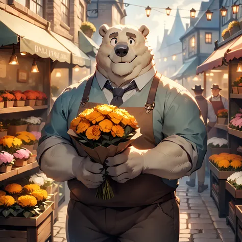 dynamic angle, dynamic pose, florist, plump middle-aged british polar bear man, happy, light smile, presenting a bouquet of flow...