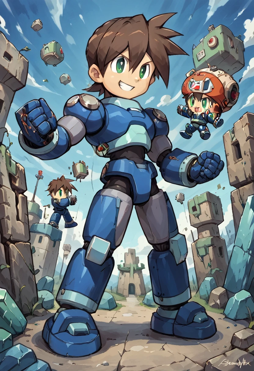 Highest quality,RAW Photos,Professional Art Works,Guts pose,m3g4m4n,Blue Armor,Muscular,Brown Hair, boy,Chibi,male focus, brown hair, green eyes, 独奏, android, hair between eyes,Shoots the Rock Buster on his right hand,Ancient ruins with floating red and green crystals,smile,