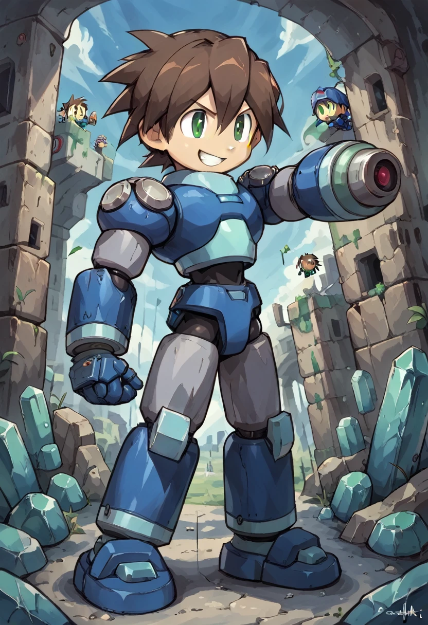 Highest quality,RAW Photos,Professional Art Works,Guts pose,m3g4m4n,Blue Armor,Muscular,Brown Hair, boy,Chibi,male focus, brown hair, green eyes, 独奏, android, hair between eyes,Shoots the Rock Buster on his right hand,Ancient ruins with floating red and green crystals,smile,