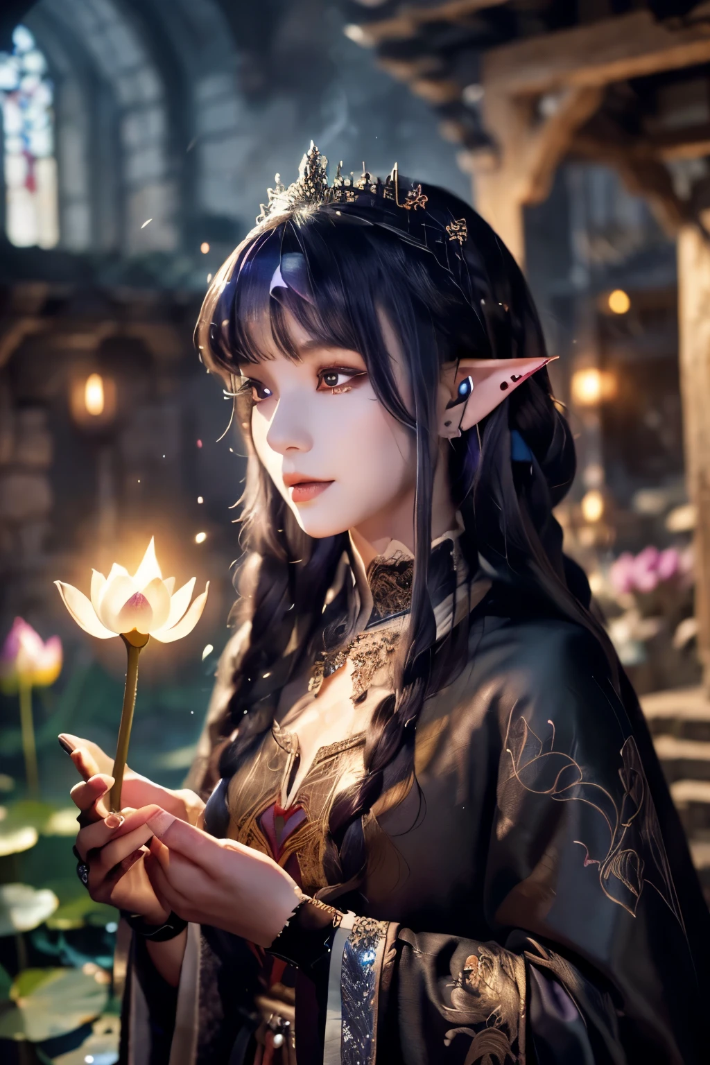 (Ultra-detailed face, looking away, Fantasy Illustration with Gothic, Ukiyo-e, Comic Art, Rich colors), 
BREAK 
(This is a small mountain village in a medieval European style. From the hilltop, a pond filled with abundant water can be seen, and lotus flowers are in full bloom. There is a small church and a clock tower in the village, and white smoke from the chimneys is wafting as breakfast is served. Sunlight shines through the clouds like a spotlight on the pond, giving it a mysterious glow.), 
BREAK 
(DarkElves: A middle-aged dark elf woman with silver color hair, blunt bangs, very long disheveled hair and dark purple color skin, lavender color eyes. She wears smoky makeup around her eyes. She wears dark eyeliner under her eyes.), 
BREAK 
(DarkElves: A female dark elf wizard wears a blue jeweled hair ornament, a jet black velvet cape dress with silver and red embroidery on the lace, and sandals with braided thin strings. She wears a large fan-shaped necklace woven with bright beads.), 
BREAK 
(The dark elf wizard, her cheeks flushed red, holds a lotus flower in one hand and gently kisses the petals.)