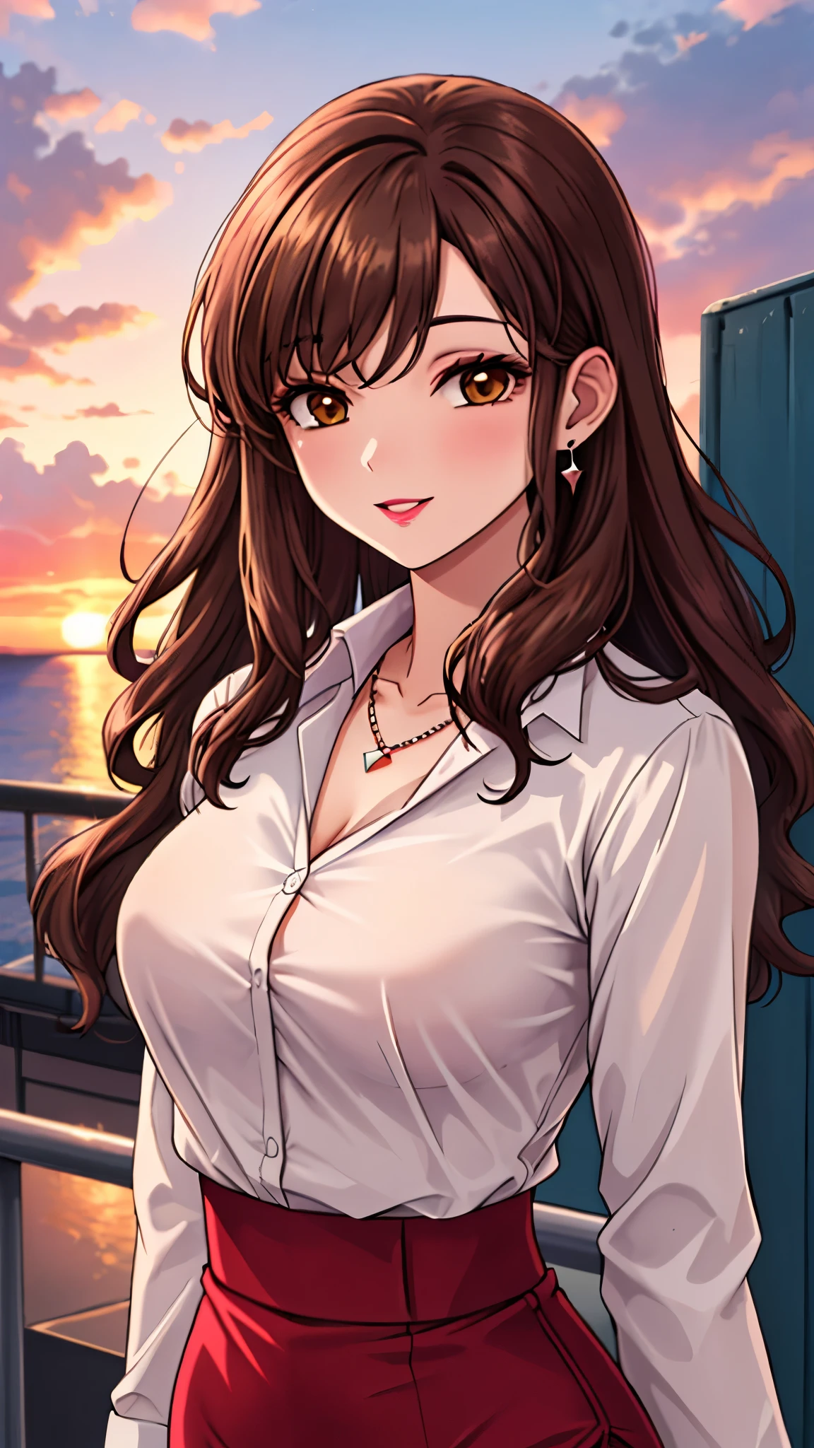 （（super high quality,））（（Ultra-high resolution,））（16K,）（super masterpiece,）（（Ultra HD ,））（Detailed shading,）Shooting from below,Upper body photo,One Mature Woman,Wavy brown medium-long hair,Part your bangs on the side,Thick and glossy lips,A pink shirt with a tight collar and the third button undone,Long sleeve,Red pencil skirt,necklace,happy,Sunset rooftop,Background with sea view,