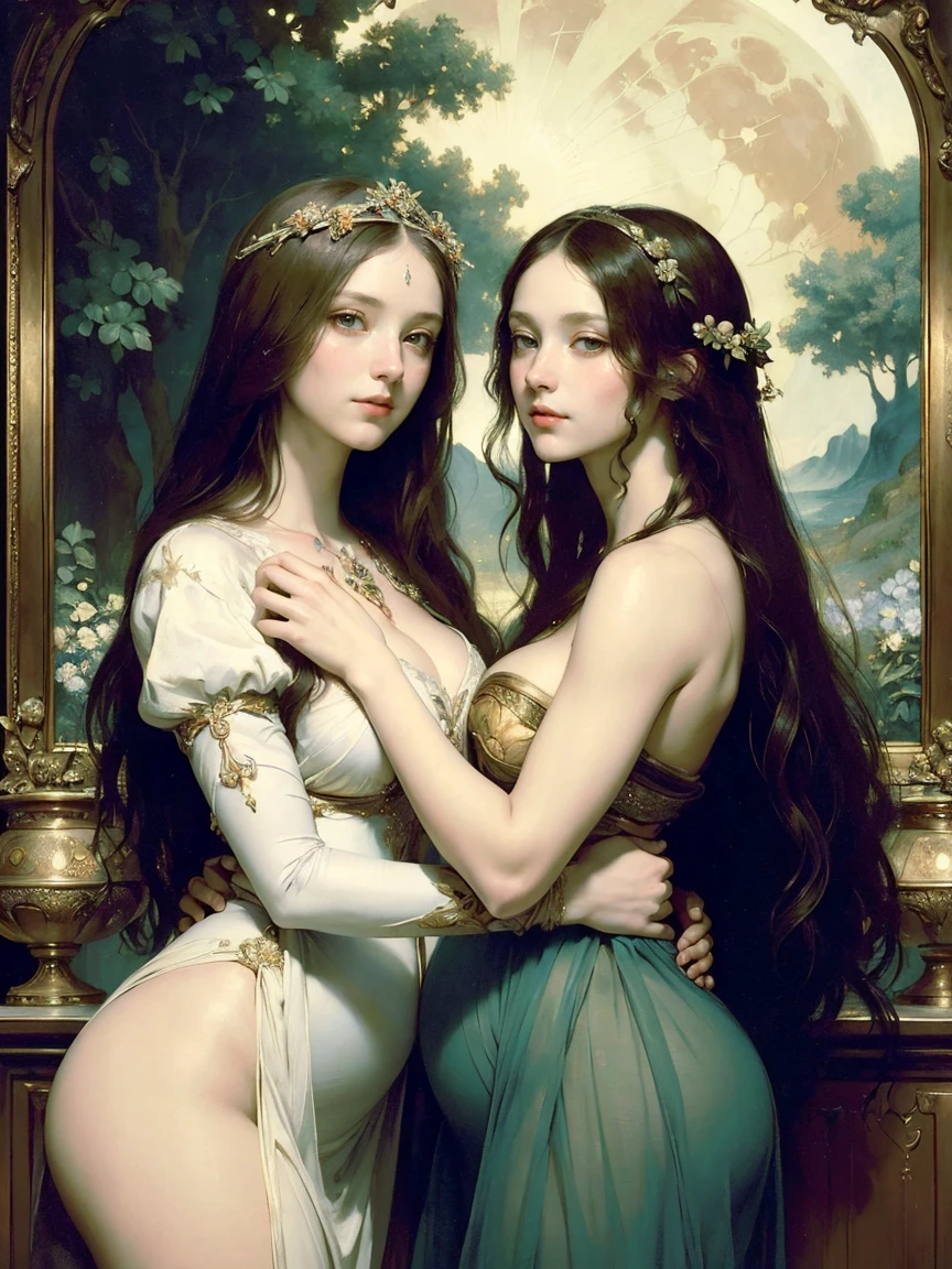 (masterpiece, highest quality, official art, beauty and aesthetic:1.5), oil painting by Leonardo da Vinci and Alfons Maria Mucha, (perfect anatomy), two gorgeous and stunning pale-skinned young pregnant goddesses is deeply in love with each other, kiss, fantastic make-up, jewelry, romantic atmosphere, flower and moon, magnificent panorama view