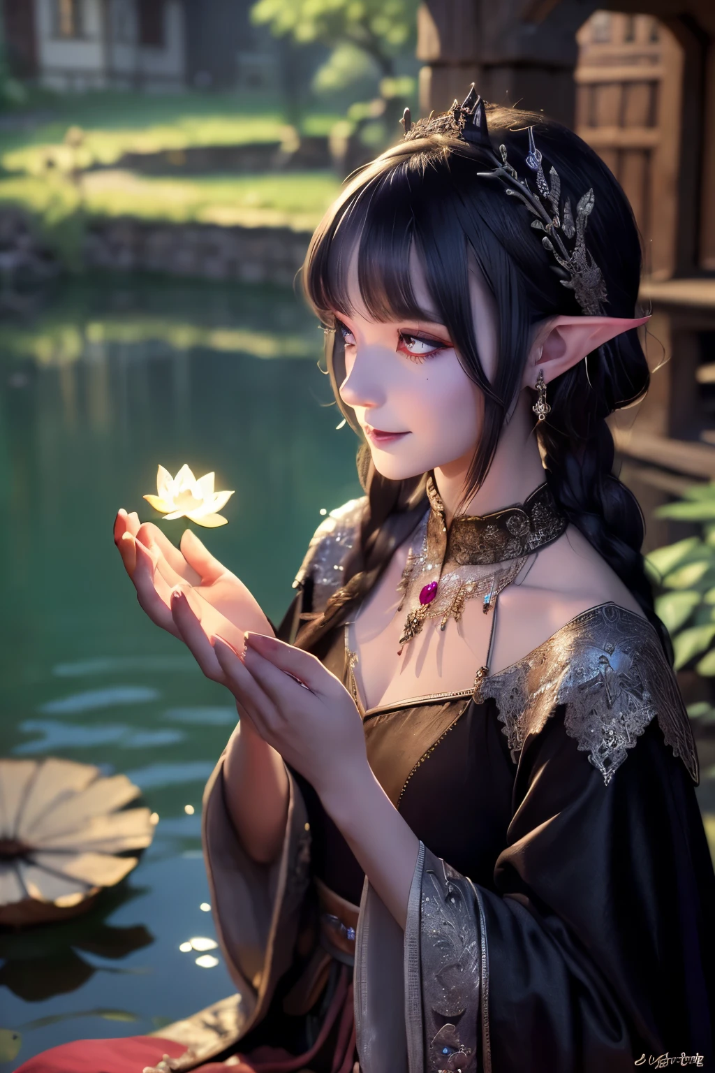 (Ultra-detailed face, looking away, Fantasy Illustration with Gothic, Ukiyo-e, Comic Art, Rich colors), 
BREAK 
(This is a small mountain village in a medieval European style. From the hilltop, a pond filled with abundant water can be seen, and lotus flowers are in full bloom. There is a small church and a clock tower in the village, and white smoke from the chimneys is wafting as breakfast is served. Sunlight shines through the clouds like a spotlight on the pond, giving it a mysterious glow.), 
BREAK 
(A dark elven female wizard, cheeks flushed red, lies by the pond, holding a lotus flower in one hand, smiling gently, gazing at the flower and gently kissing its petals.), 
BREAK 
(DarkElves: A middle-aged dark elf woman with silver color hair, blunt bangs, very long disheveled hair and dark purple color skin, lavender color eyes. She wears smoky makeup around her eyes. She wears dark eyeliner under her eyes.), 
BREAK 
(DarkElves: A female dark elf wizard wears a blue jeweled hair ornament, a jet black velvet cape dress with silver and red embroidery on the lace, and sandals with braided thin strings. She wears a large fan-shaped necklace woven with bright beads.)