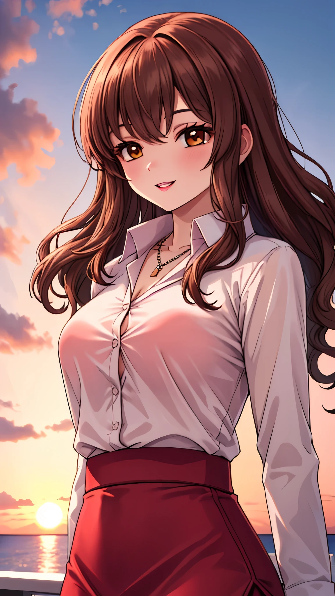 （（super high quality,））（（Ultra-high resolution,））（16K,）（super masterpiece,）（（Ultra HD ,））（Detailed shading,）Shooting from below,Upper body photo,One Mature Woman,Wavy brown medium-long hair,Part your bangs wide on the side,Thick and glossy lips,A pink shirt with a tight collar and the third button undone,Long sleeve,Red pencil skirt,necklace,happy,Sunset rooftop,Background with sea view,