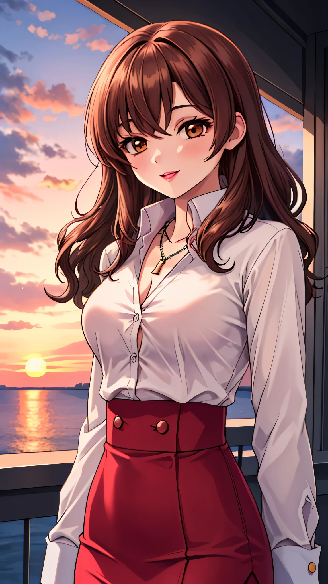 （（super high quality,））（（Ultra-high resolution,））（16K,）（super masterpiece,）（（Ultra HD ,））（Detailed shading,）Shooting from below,Upper body photo,One Mature Woman,Wavy brown medium-long hair,Part your bangs wide on the side,Thick and glossy lips,A pink shirt with a tight collar and the third button undone,Long sleeve,Red pencil skirt,necklace,happy,Sunset rooftop,Background with sea view,