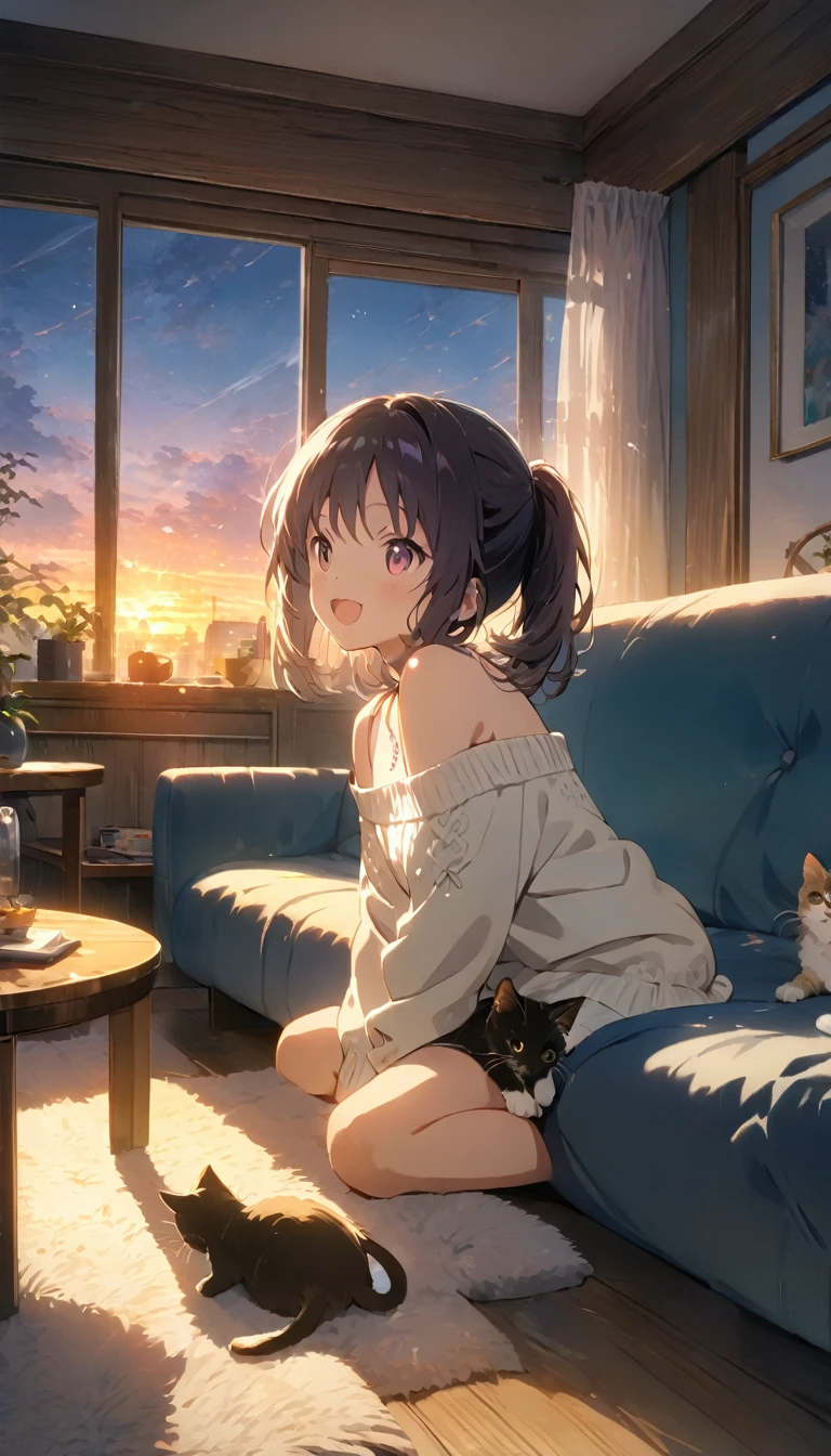 ((Highest quality)), ((masterpiece)), (detailed), One Girl, Off-the-shoulder sweater, kitten, Highest quality, ultra detailed, kitten, Happy, In the living room, With sofa, With table, At dusk, cute, In a bright and colorful world, anime, Full Body Shot