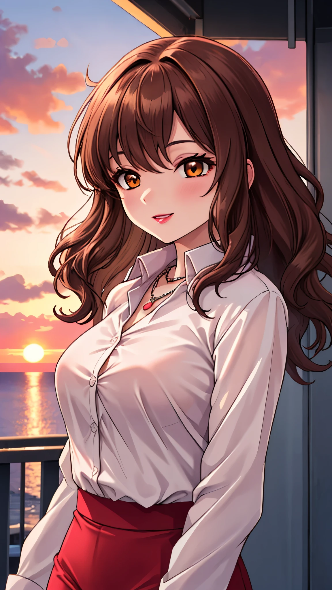 （（super high quality,））（（Ultra-high resolution,））（16K,）（super masterpiece,）（（Ultra HD ,））（Detailed shading,）Shooting from below,Upper body photo,A sexy mature woman,Wavy brown medium-long hair,Part your bangs neatly on the side,The wind lifts my hair,Thick and glossy lips,A pink shirt with a tight collar and the third button undone,Long sleeve,Red pencil skirt,necklace,Put one hand on your head,happy,Sunset rooftop,Background with sea view,