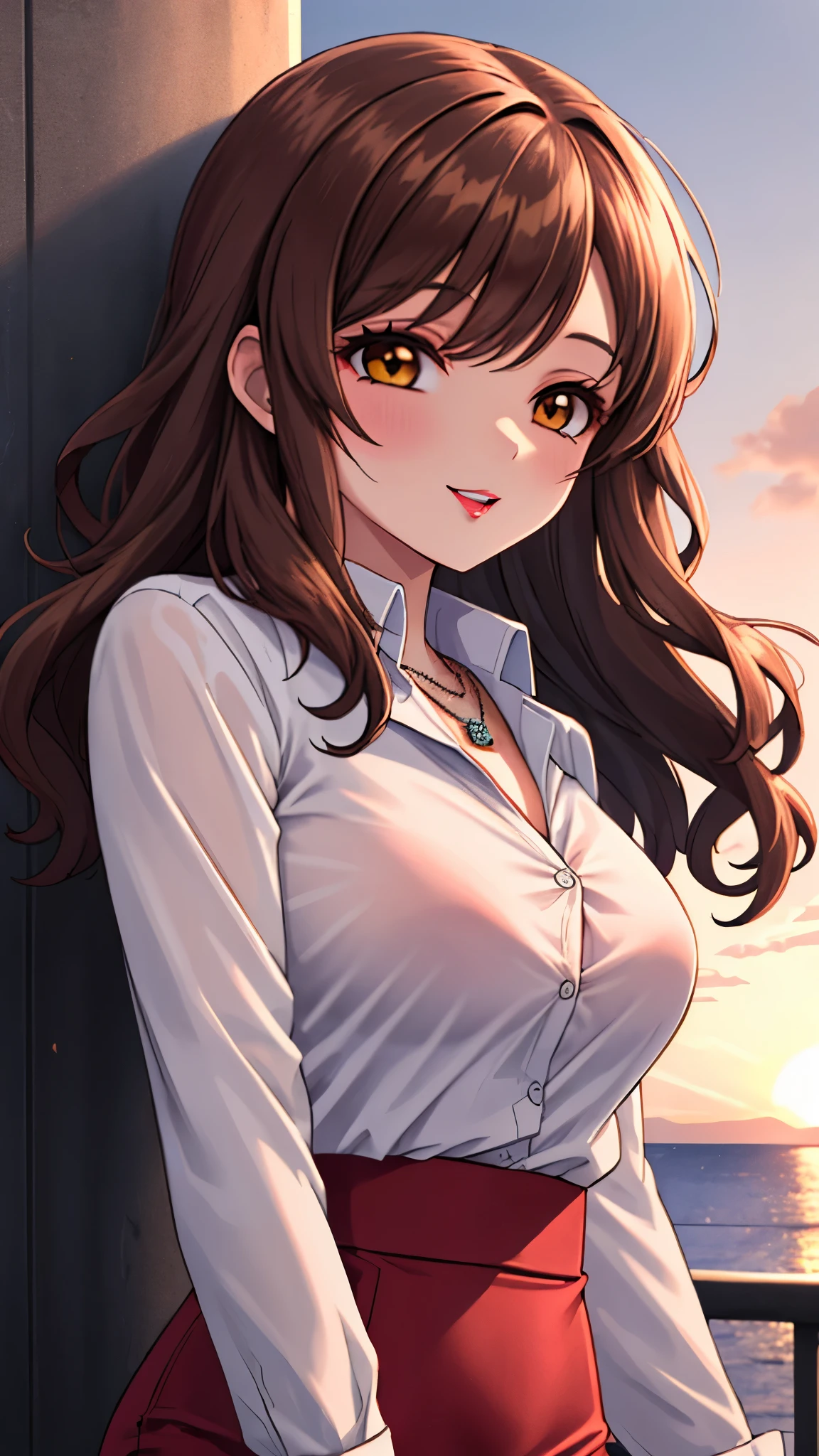 （（super high quality,））（（Ultra-high resolution,））（16K,）（super masterpiece,）（（Ultra HD ,））（Detailed shading,）Shooting from below,Upper body photo,A sexy mature woman,Wavy brown medium-long hair,Part your bangs neatly on the side,The wind lifts my hair,Thick and glossy lips,A pink shirt with a tight collar and the third button undone,Long sleeve,Red pencil skirt,necklace,Put one hand on your head,happy,Sunset rooftop,Background with sea view,