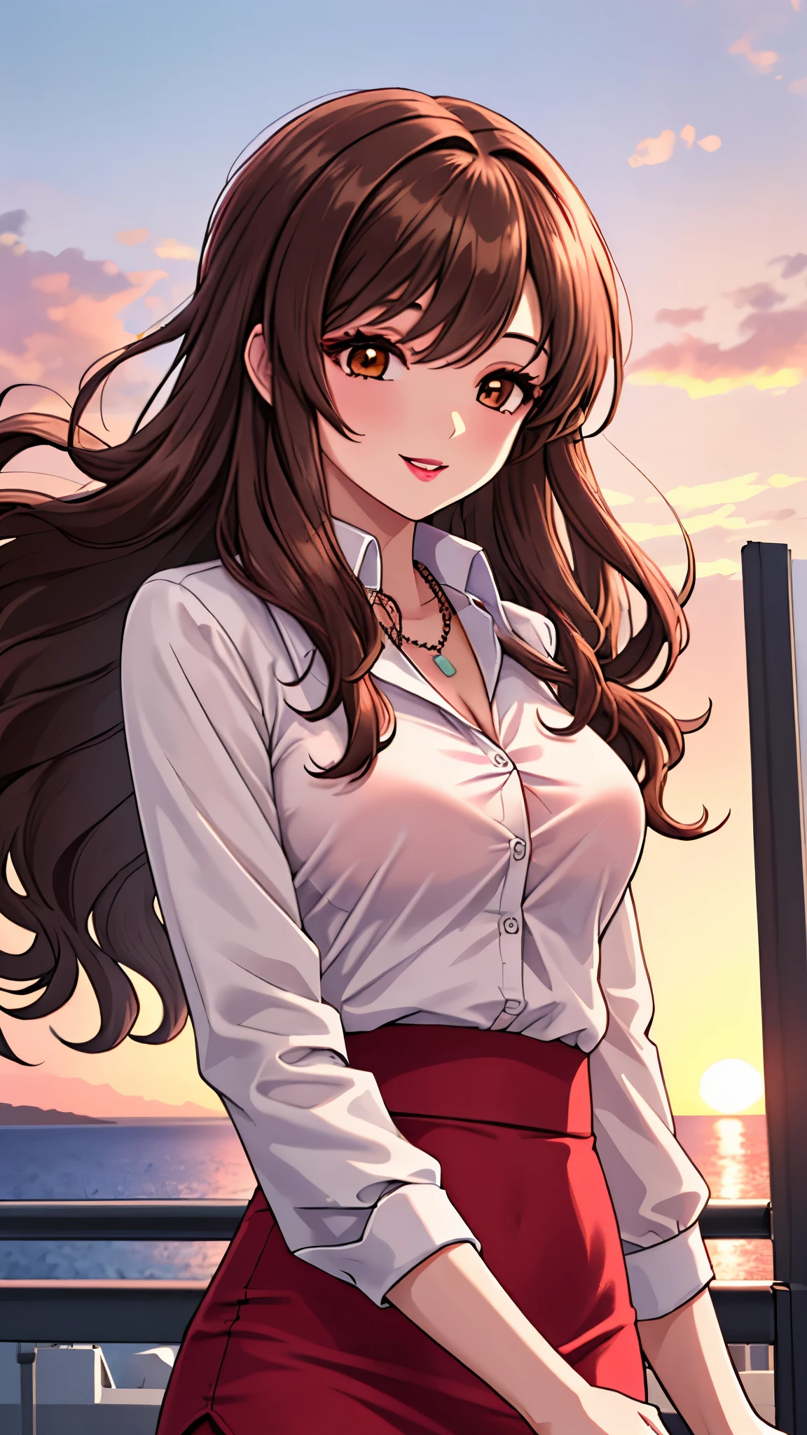 （（super high quality,））（（Ultra-high resolution,））（16K,）（super masterpiece,）（（Ultra HD ,））（Detailed shading,）Shooting from below,Upper body photo,A sexy mature woman,Wavy brown medium-long hair,Part your bangs neatly on the side,The wind lifts my hair,Thick and glossy lips,A pink shirt with a tight collar and the third button undone,Long sleeve,Red pencil skirt,necklace,Put one hand on your head,happy,Sunset rooftop,Background with sea view,