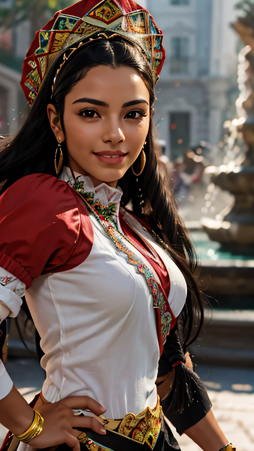 a beautiful young Mexican woman, charro hat, long straight black hair, light brown skin, smiling, fighting pose, detailed face, detailed eyes, detailed lips, beautiful detailed facial features, fountain background, (best quality,4k,8k,highres,masterpiece:1.2),ultra-detailed,(realistic,photorealistic,photo-realistic:1.37),HDR,UHD,studio lighting,ultra-fine painting,sharp focus,physically-based rendering,extreme detail description,professional,vivid colors,bokeh,portrait