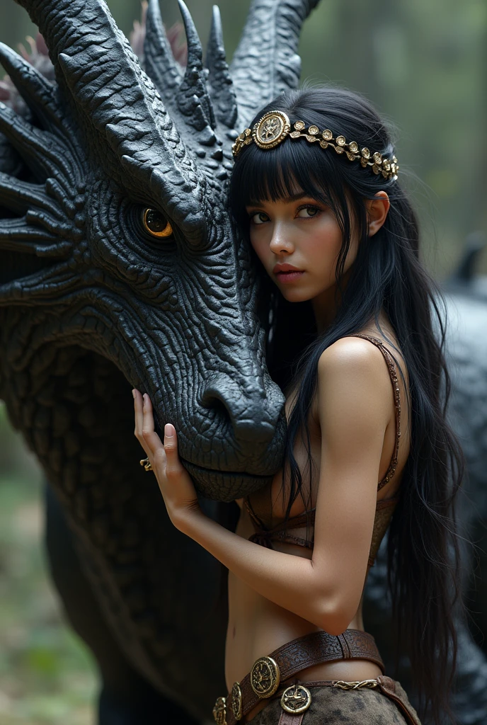 (photorealism:1.2), a stunningly beautiful Persian unrealistic princess, mythp0rt, masterpiece, sexy, sensual, nude, she's looking at the camera, naked barbarian dragon tamer, long dark hair, bangs, circlet, leather and hide armor, affectionately stroke the nose of a huge dark dragon