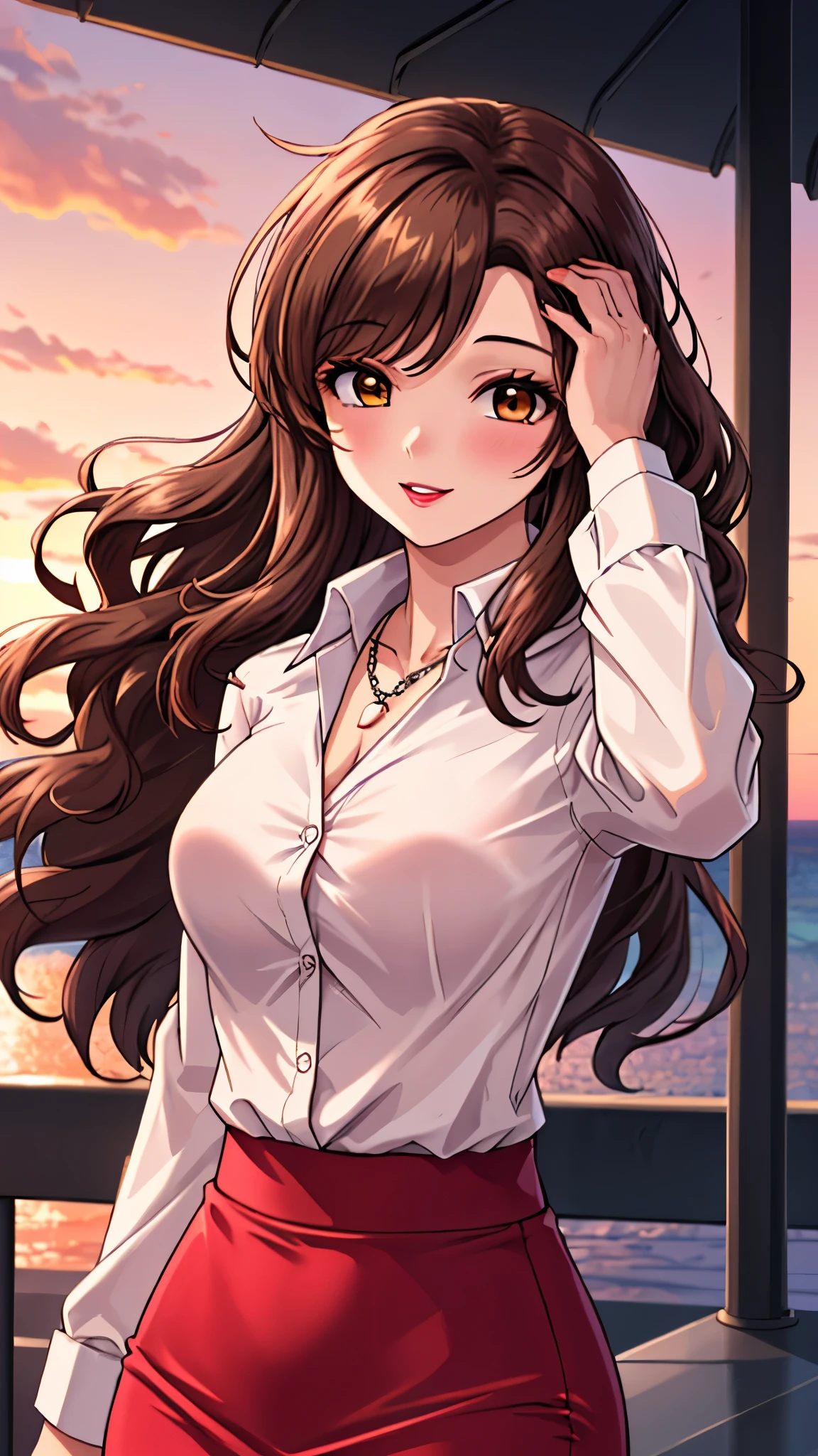 （（super high quality,））（（Ultra-high resolution,））（16K,）（super masterpiece,）（（Ultra HD ,））（Detailed shading,）Shooting from below,Upper body photo,A sexy mature woman,Wavy brown medium-long hair,Part your bangs neatly on the side,The wind lifts my hair,Thick and glossy lips,A pink shirt with a tight collar and the third button undone,Long sleeve,Red pencil skirt,necklace,Put one hand on your head,happy,Sunset rooftop,Background with sea view,