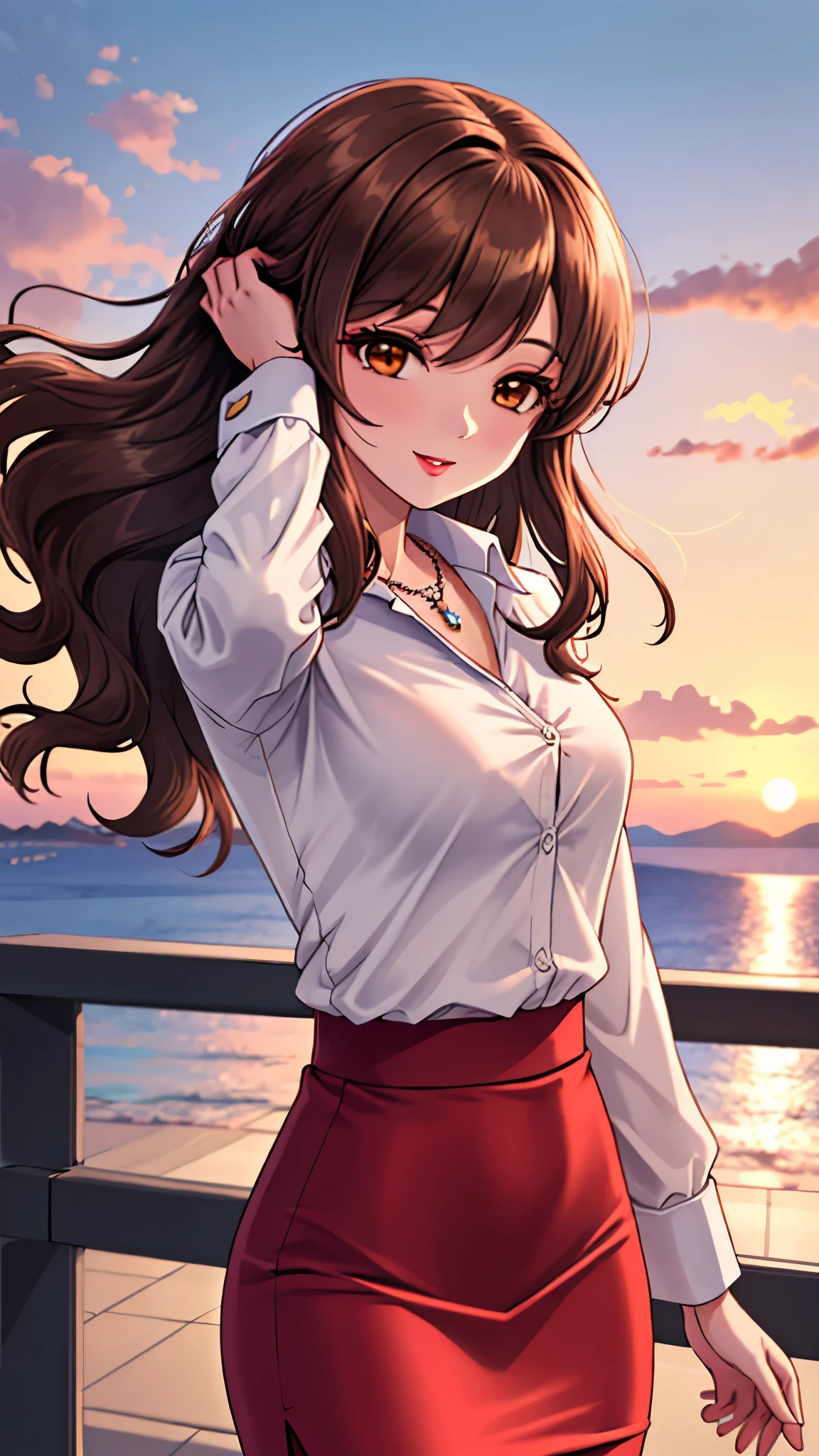 （（super high quality,））（（Ultra-high resolution,））（16K,）（super masterpiece,）（（Ultra HD ,））（Detailed shading,）Shooting from below,Upper body photo,A sexy mature woman,Wavy brown medium-long hair,Part your bangs neatly on the side,The wind lifts my hair,Thick and glossy lips,A pink shirt with a tight collar and the third button undone,Long sleeve,Red pencil skirt,necklace,Put one hand on your head,happy,Sunset rooftop,Background with sea view,