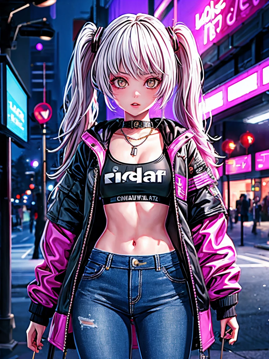 (See the streaming notes representing :1.2),  background, cyber punk 2077, background, cyber punk, cyber punk 2077 レベッカ, neon照明効果, neon lighting effect, line neon,1 girl, night, ぼやけたbackground, Brown eyes, cowboy, Denim jacket, Written boundary depth, Put your hands in your pockets, Upper Body, Oblique body, In the ass, have, hoodie, coat, Low Height Jeans, lips, Looking at the audience, neon,Bleaching, Open jacket, slightly lifted lips , rainbow, shirt, alone, Are standing，(Exquisite and perfect attitude:1.3)，(dream)，( masterpiece, Accurate, Anatomically correct, Textured skin, Attention to detail, high quality, Award-winning, 4K)