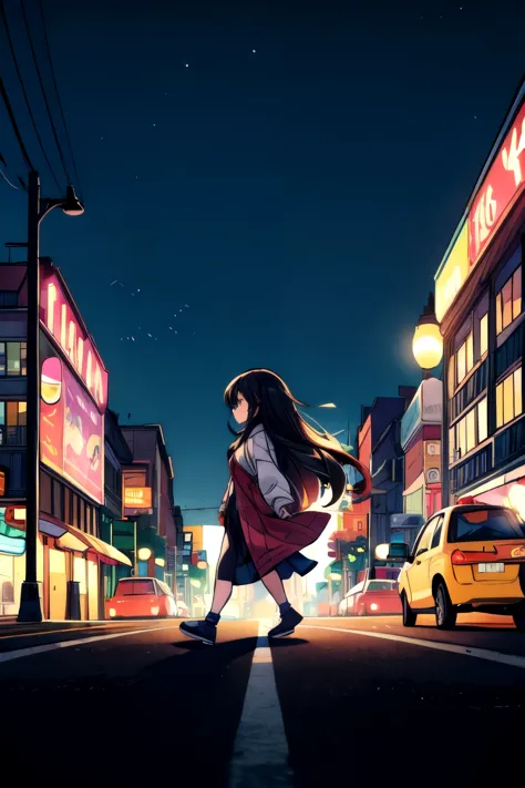 in the evening, the lights are on, the street, the traffic, the crowd, the long-haired girl walks alone