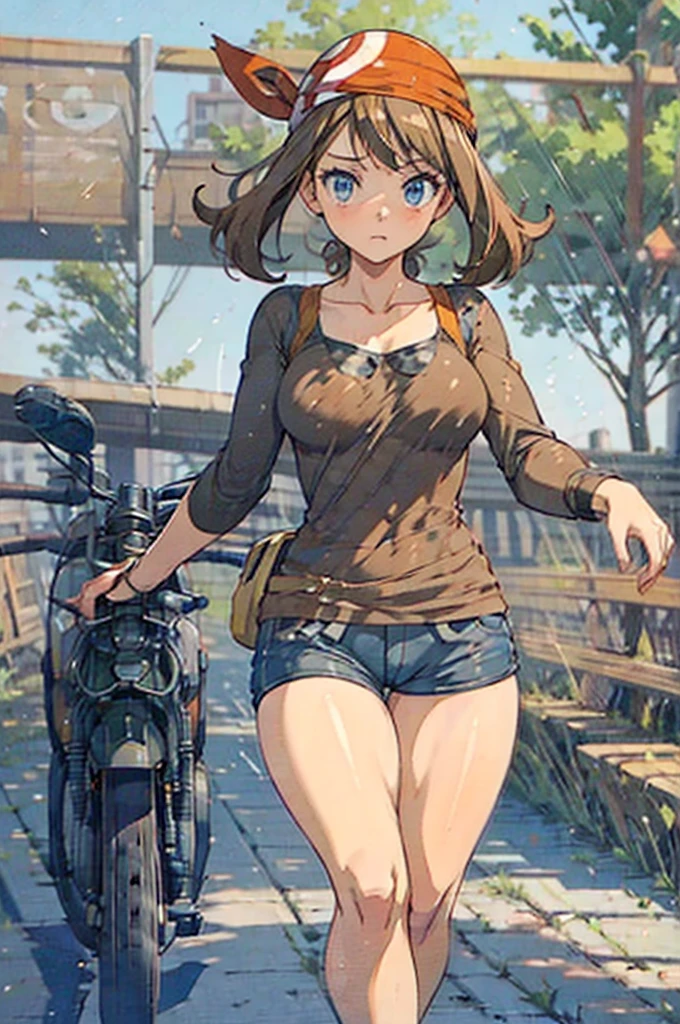 ((masterpiece, best quality)), absurdres,   zzMay, perfect, solo, brown hair, blue eyes, 1girl, bare chest, naked, bandana, bike shorts, blue eyes, brown hair, skin tight, solo, standing, thick thighs, thick thighs