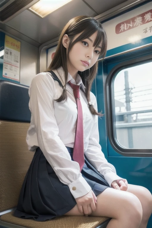 Japanese 1 female,Cosplay Japanese Schoolgirl Uniform,sitting in a train seat,(Focus on her crotch:1.1),Between her clothes,Under her skirt,Ultra low angle,Knees together,She is looking down,She doesn&#39;t notice me,Twin tails, Hime cut, Low ponytail, Pompadour, Barrette, 