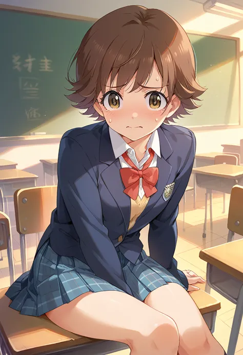 my honda, short brown hair, school uniform, sitting classroom, nervous