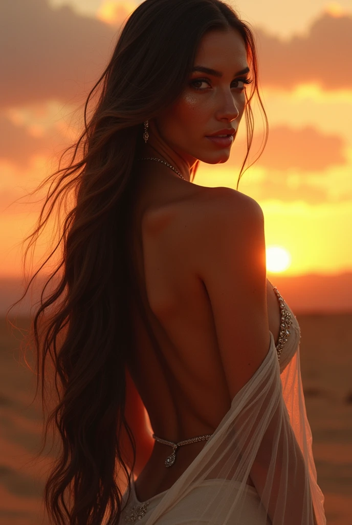 (photorealism:1.2), a stunningly beautiful Persian unrealistic princess, a long shot from below, sensual, sexy, naked, nude, sunset, evening, looking face forward, long silky smooth hair, sweaty, dry heat, dusky, superb detailing of the perfect female pose, motion.