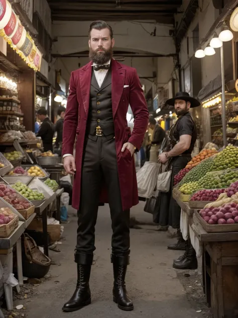 a white man, muscular, 3, with a defined beard, poses in the middle of a bustling market from an unknown era, where elements fro...