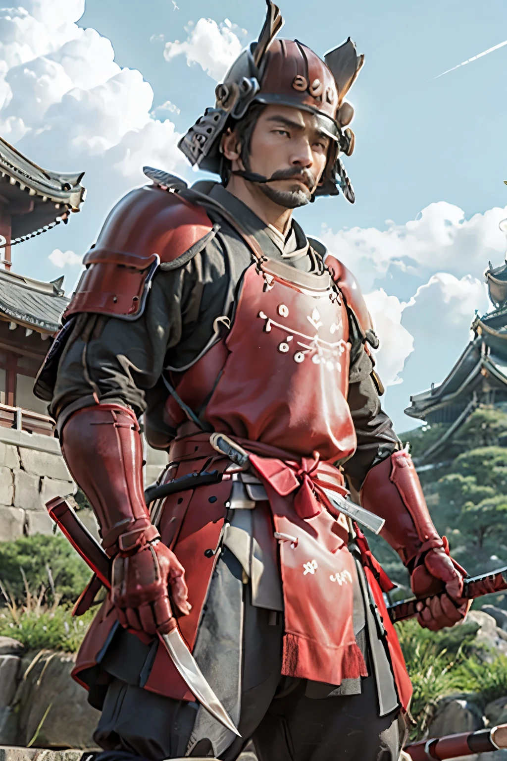 Mountain、blue sky、battlefield、Osaka Castle、Sanada Yukimura、Sengoku Warlords、Powerful、20th Generation、young、Japanese military commander、moustache、Traditional Japanese armor and helmets、Muscular、Equipping a sword as a weapon、triumphant look、Sword on waist、Red Armor、戦国時代のbattlefield、Deeper color、Red Armor、