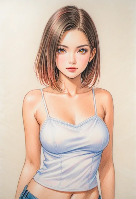 woman，short camisole，white，art，colored pencil drawing，