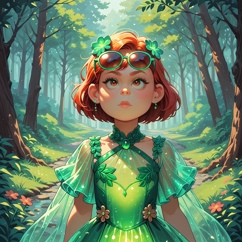 1girl, alone, girl focus, meilin lee, green hair, green bioluminescent dress, glowing dress, sunglasses on head, outdoors, forest